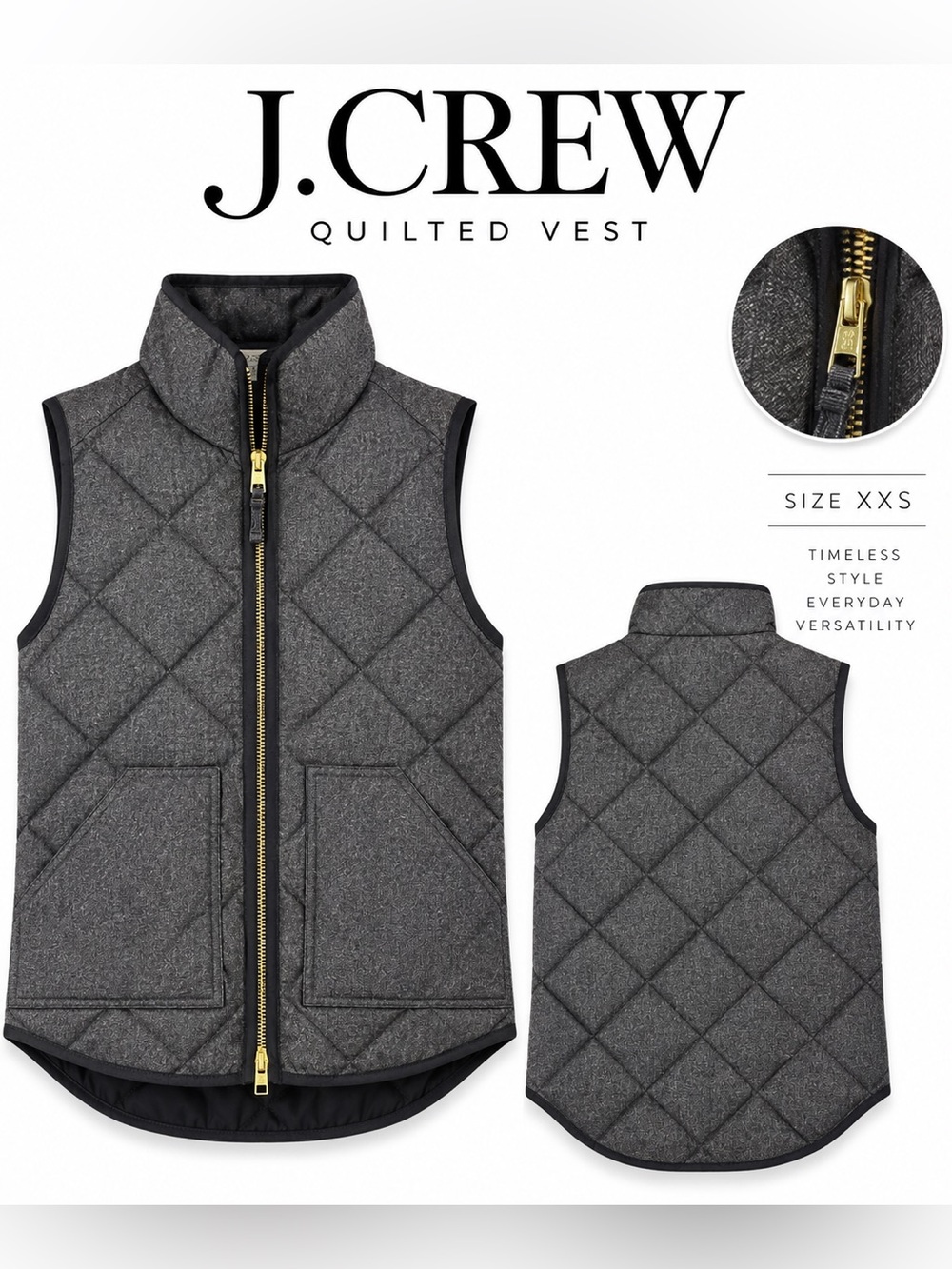 J. Crew Kids Quilted Vest in Charcoal Gray with Gold Zipper